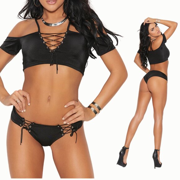 Elegant Moments Other - Off The Shoulder Cami & Booty Shorts Set Black 2 Piece Lace Up Lingerie